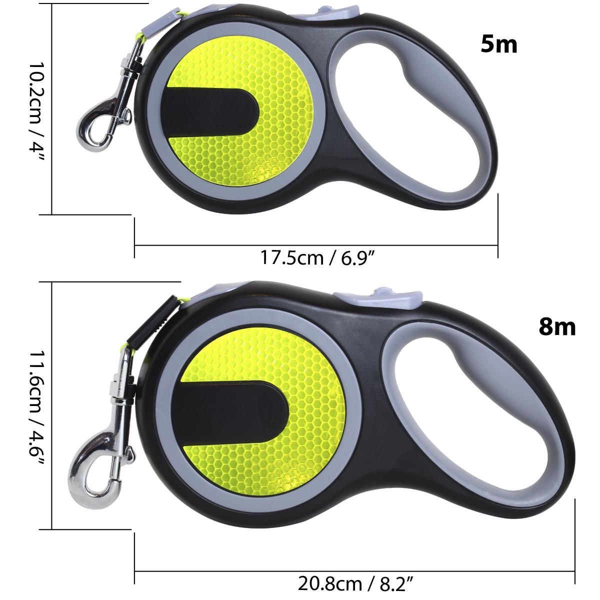 Reflective Retractable Dog Lead | Extendable Neon Hi-Viz Pet Leash for Night Walks 5M/8M