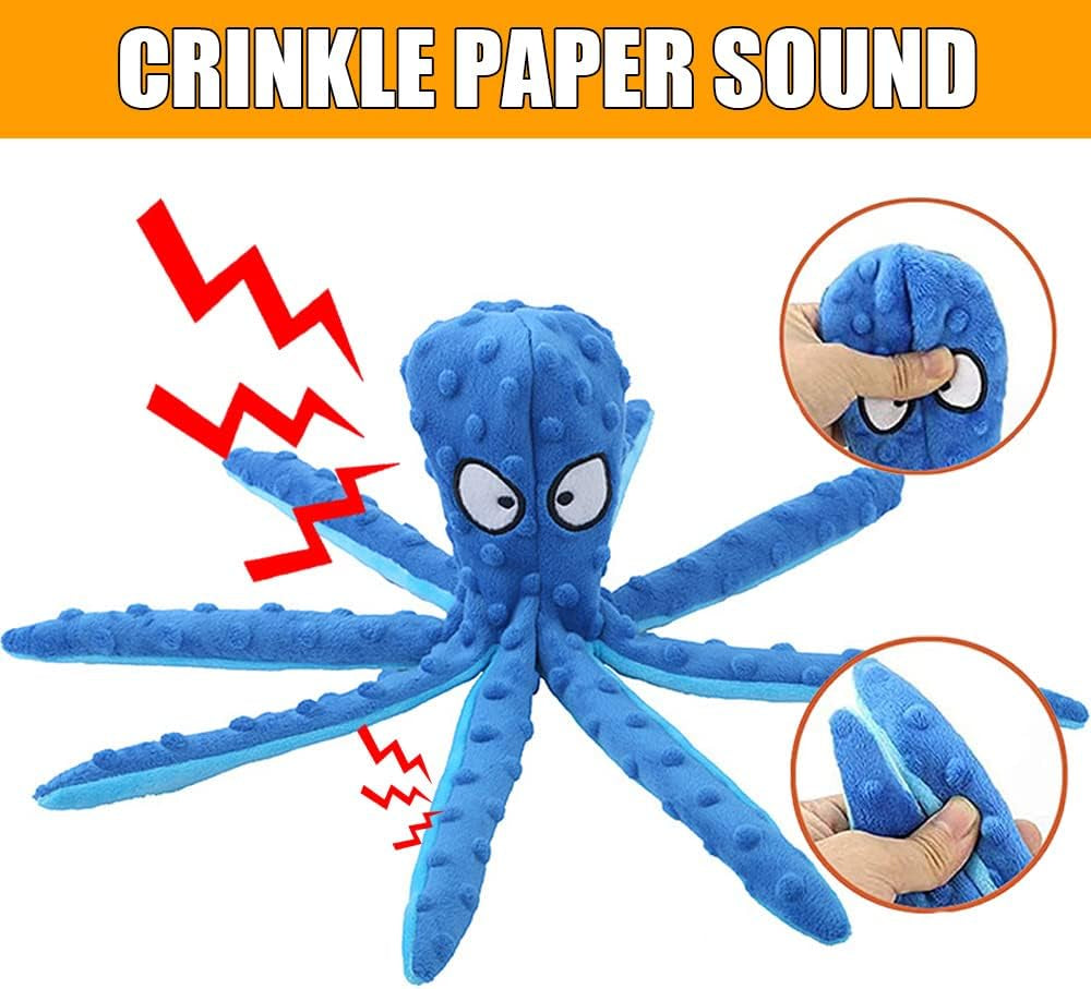 Squeaky Dog Soft Toy, No Stuffed Octopus Dog Chew Toy with Crinkle Paper Plush Dog Teeth Cleaning Toy for Medium Large Dog (Blue)