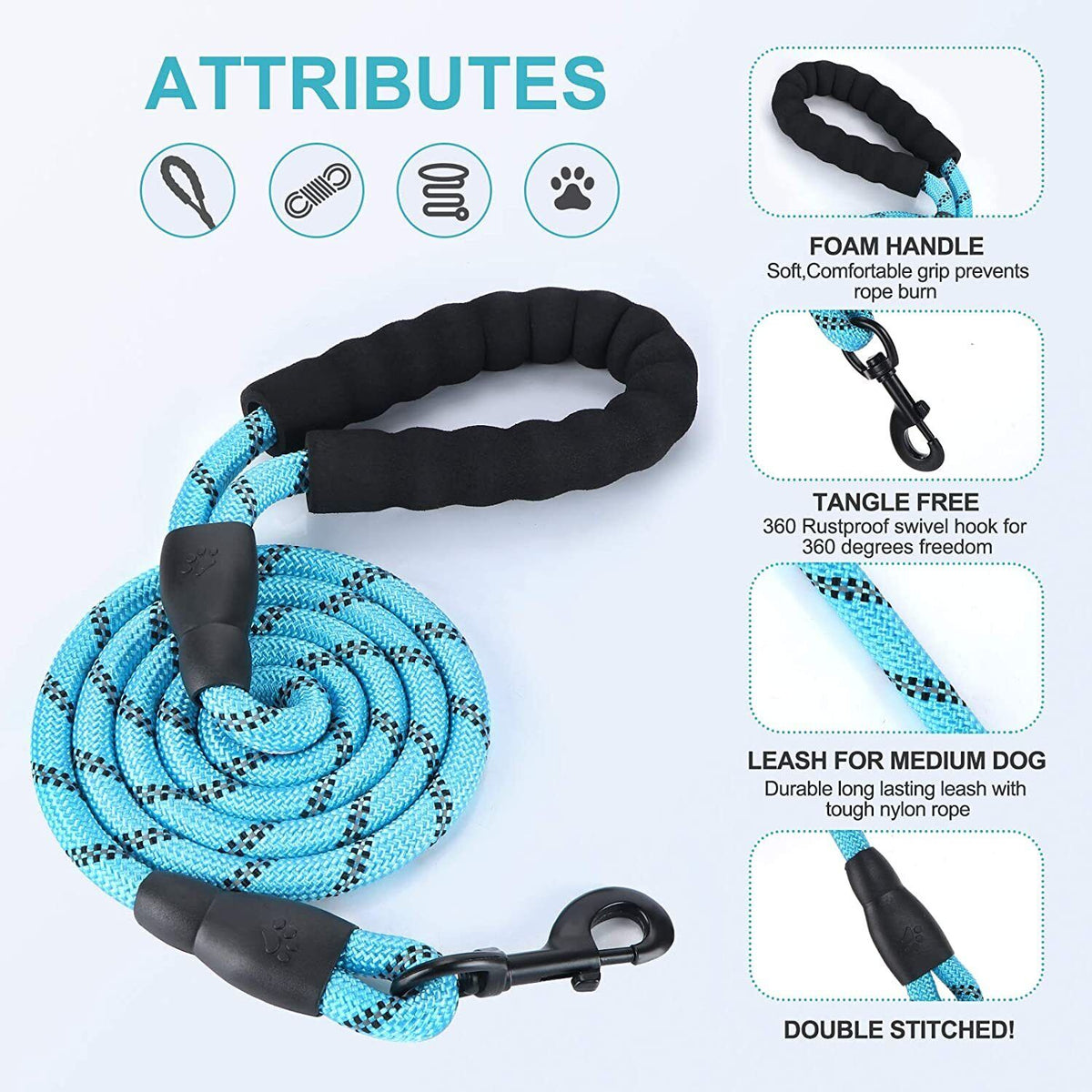5FT Braided Rope Leash for Dogs | Strong Reflective Lead | Soft Comfort Grip | Medium/Large Dog Walks