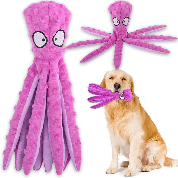 Squeaky Dog Interactive Play Toy,No Stuffing Octopus Dog Chew Toy with Crinkle Paper for Medium and Large Dog Playing(Purple)