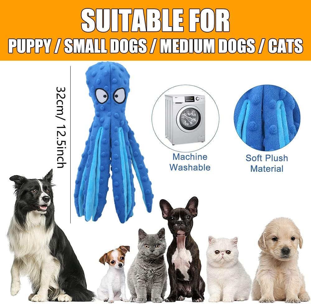 Squeaky Dog Soft Toy, No Stuffed Octopus Dog Chew Toy with Crinkle Paper Plush Dog Teeth Cleaning Toy for Medium Large Dog (Blue)