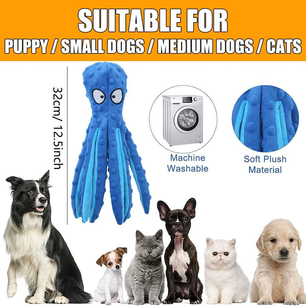 Squeaky Dog Soft Toy, No Stuffed Octopus Dog Chew Toy with Crinkle Paper Plush Dog Teeth Cleaning Toy for Medium Large Dog (Blue)