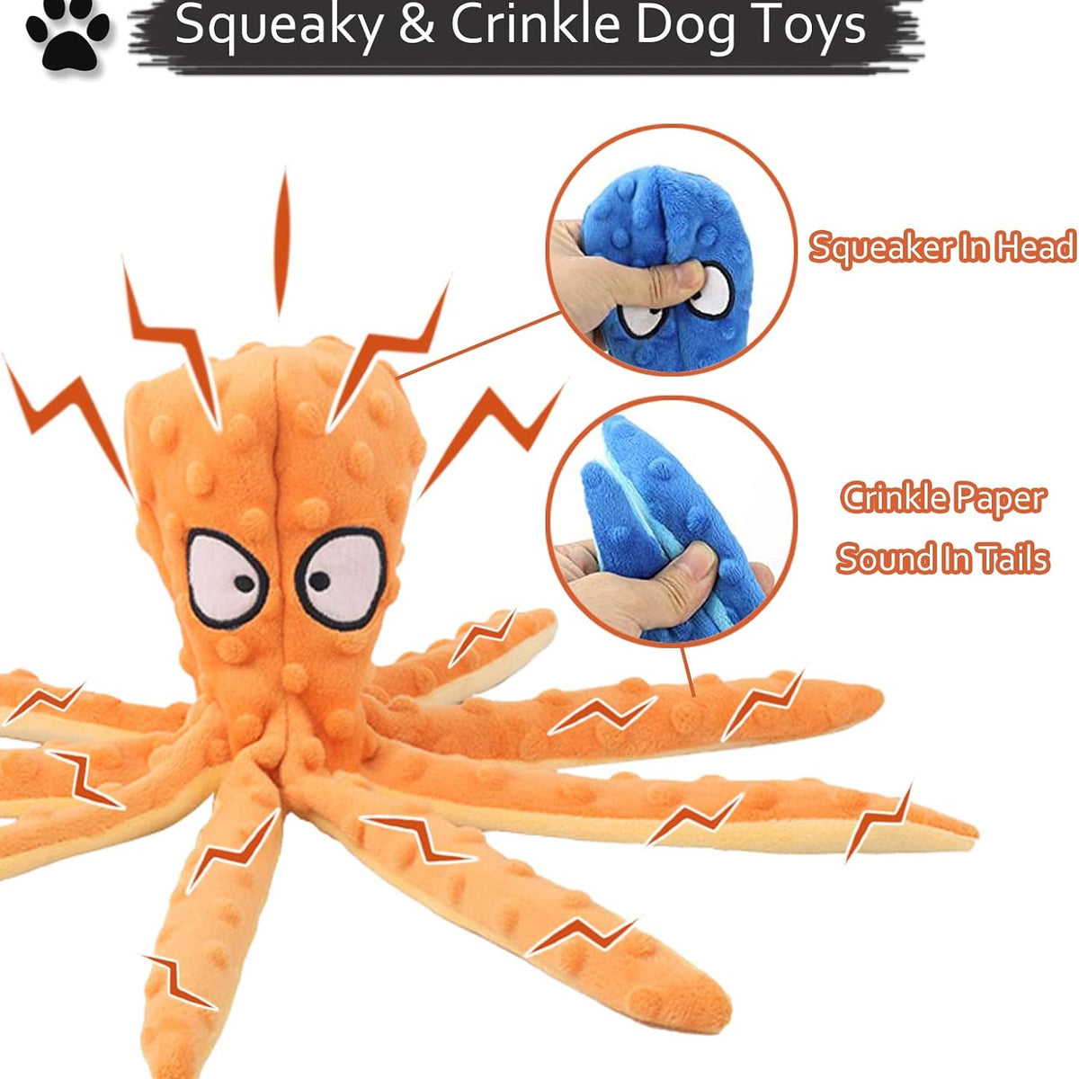 Squeaky Dog Interactive Play Toy,No Stuffing Octopus Dog Chew Toy with Crinkle Paper for Medium and Large Dog Playing(Purple)