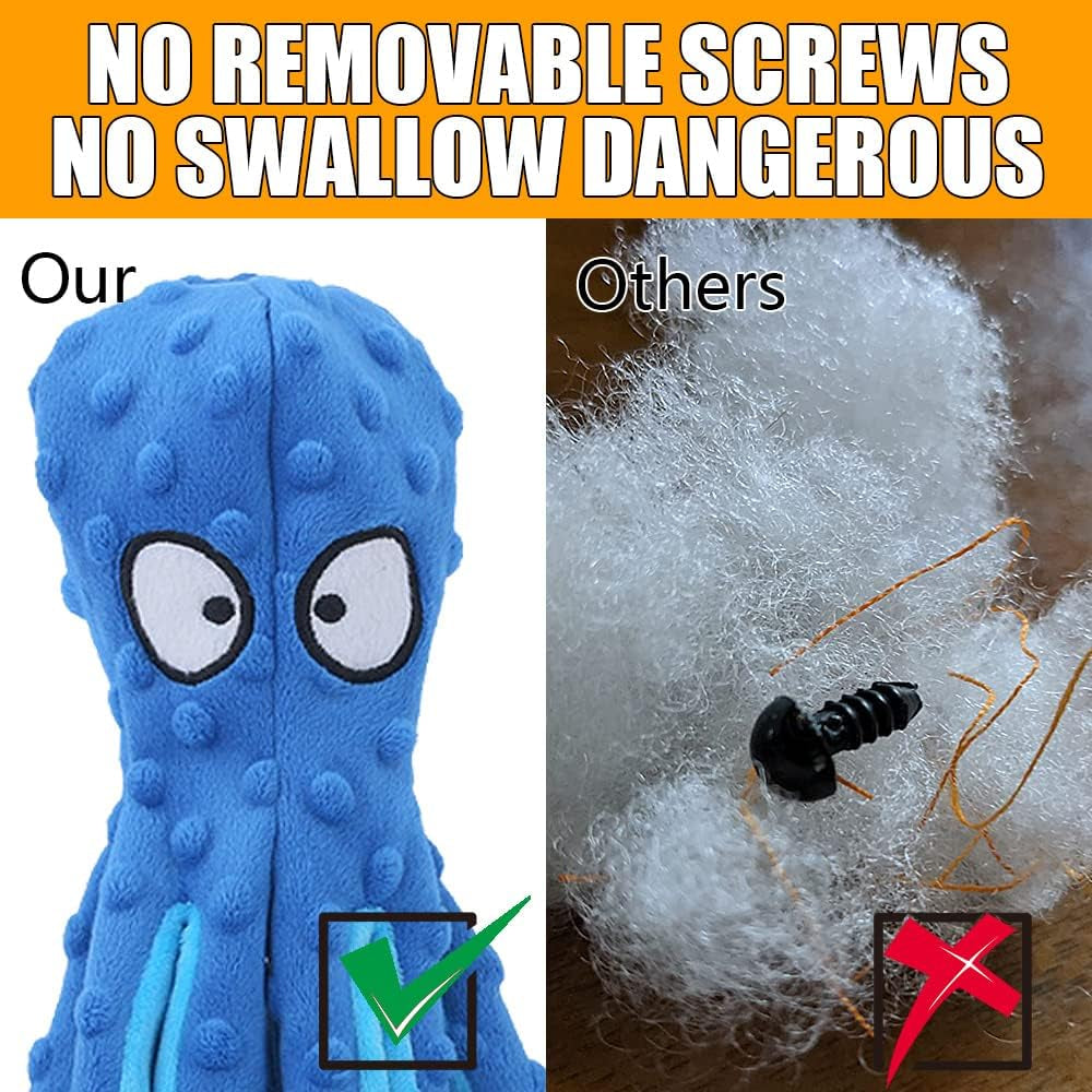 Squeaky Dog Soft Toy, No Stuffed Octopus Dog Chew Toy with Crinkle Paper Plush Dog Teeth Cleaning Toy for Medium Large Dog (Blue)