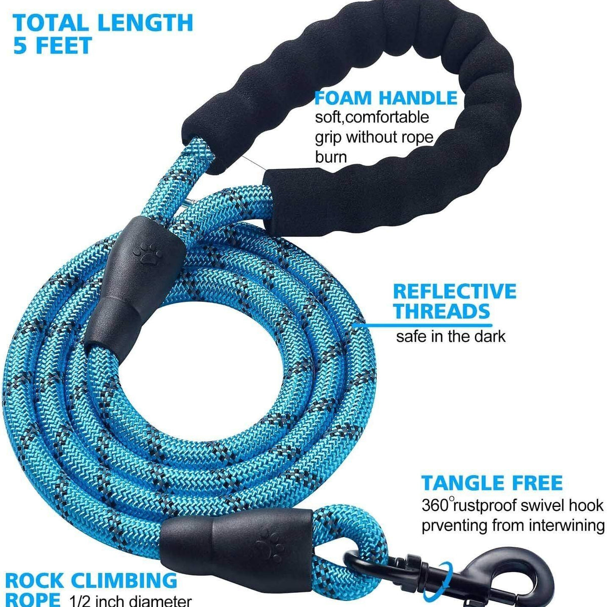 5FT Braided Rope Leash for Dogs | Strong Reflective Lead | Soft Comfort Grip | Medium/Large Dog Walks
