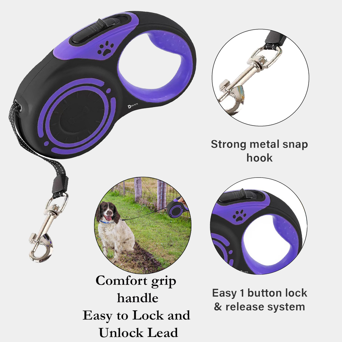 Retractable Extendable Dog Lead | 3M 5M Leash for Puppies & Dogs | Durable Pet Lead Black Purple